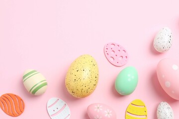 Happy Easter card. Easter eggs and decoration on color background, top view
