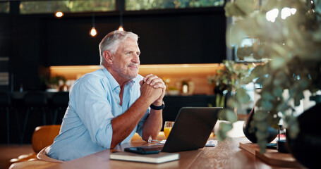 Thinking, elderly man and laptop at house for financial planning, investment ideas and problem...