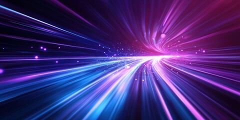 Abstract speed light streaks, vibrant purple and blue energy bursts, futuristic tunnel.