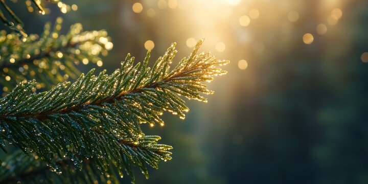 Dewy pine branch glistening in golden sunlight at dawn in california forest