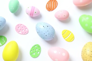 Happy Easter card. Easter eggs and decoration on white background, top view