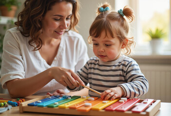 Therapist teaching a child to play the xylophone