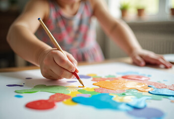 Child's hand with a brush creating a colorful abstract painting on canvas