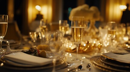 Alcohol consumption at a formal dinner party with champagne and elegant table settings. Featuring luxury and sophistication