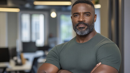 Naklejka premium confident man with beard poses in modern office setting, showcasing strength and professionalism. background features workspaces and natural light