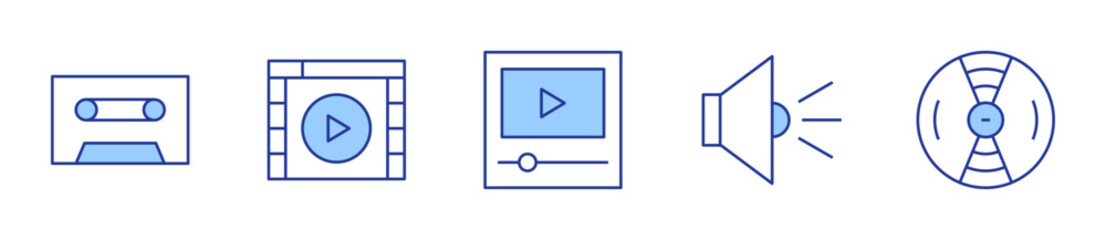 cassette, video player, video, speaker, vinyl. Multimedia Icon vector illustration. Line Duotone style. Editable stroke