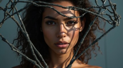 Woman Posing with Geometric Wireframe and Dramatic Lighting