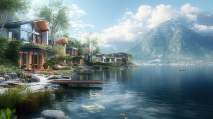 Fototapeta premium A picturesque combination of urban architecture and a breathtaking lakeside.