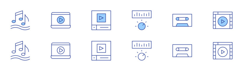 Multimedia icon set in two styles, Duotone and Thin Line style. Editable stroke. melody, volume, cassette, play, video