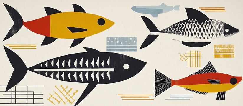Stylized fish illustration with geometric patterns and shapes.