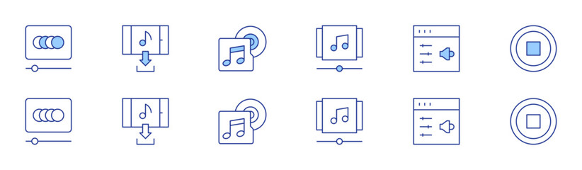 Multimedia icon set in two styles, Duotone and Thin Line style. Editable stroke. playlist, animate, settings, download, music album, stop