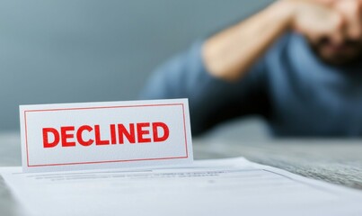 Rejected Document with Declined Stamp and Frustrated Man in Background
