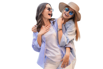 Two young smiling hipster women in summer clothes posing on a transparent background