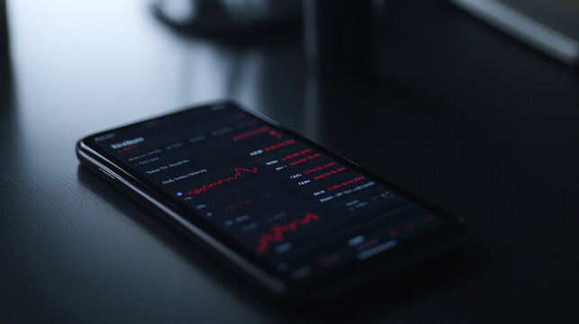 Smartphone displays stock market updates with fluctuating data on screen