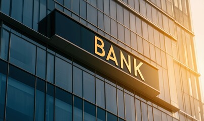 Obraz premium Modern Bank Building Exterior with Golden Sign in Sunlight
