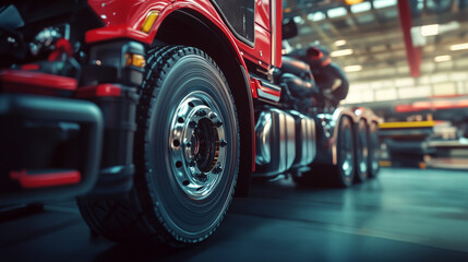 Mechanics inspect the engine of a red truck for maintenance in a workshop environment during the afternoon