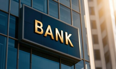 Modern Bank Building Exterior with Golden Sign in Sunlight