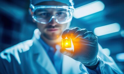 Scientist Holding a Glowing Microchip in High-Tech Laboratory