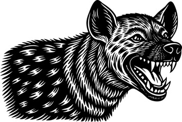 Laughing hyena with a mischievous grin, depicted in an engraved, woodcut style with intricate fur details sketch engraving, vector illustration of a wolf