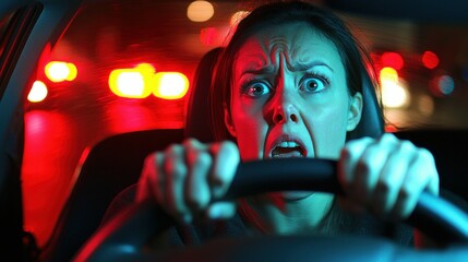 Terrified Woman Driving at Night with Emergency Lights in Background