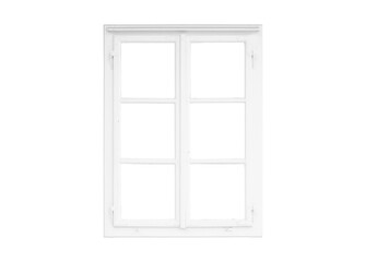 Modern tall double white window with three square glass panes on each wing, supported by two...