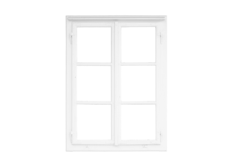 Modern tall double white window with three square glass panes on each wing, supported by two horizontal bars, isolated, transparent for mockup and architectural design.
