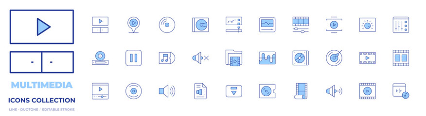 Multimedia icons collection. Line Duotone style, editable stroke. dj music, play, frame, control, sound, video player, streaming, mixer, transcription, vinyl, cd, movie