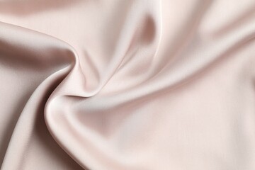 Beige silk satin. Shiny smooth fabric. Soft folds. Luxury background with space for design. Flat table, top view