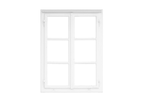 Modern tall double white window with three square glass panes on each wing, supported by two horizontal bars, isolated, transparent for mockup and architectural design.