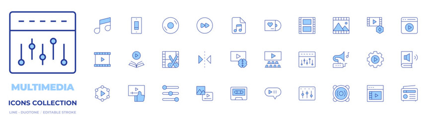 Multimedia icons collection. Line Duotone style, editable stroke. setup, gramophone, movie, film, vinyl, speaker, switch, mixer, video, bars, reflect, content, forward