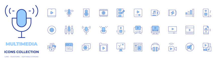 Multimedia icons collection. Line Duotone style, editable stroke. speaker, cd, video chat, tutorial, microphone, live stream, settings, headphones, voice control