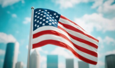 American Flag Waving Against a Modern City Skyline