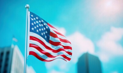 American Flag Waving Against a Modern City Skyline