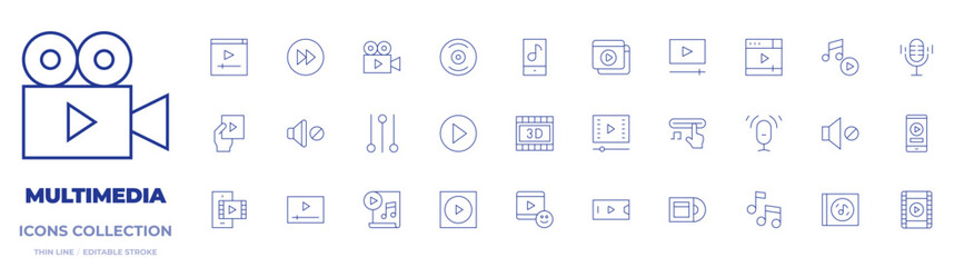 Multimedia icons collection. Thin Line icons, editable stroke. mute, smartphone, movie, video, video player, fast forward, music app, phone, audio, d film, music
