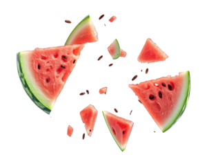 Exploded View of Juicy Watermelon Pieces on Transparent Background Highlighting Freshness and Color