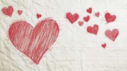 Hand drawn red hearts pattern on lined paper for love and romance themes