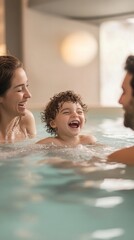 Happy family having fun, enjoying swimming pool at spa resort