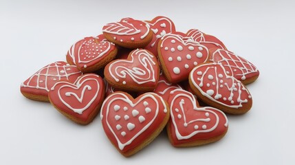 Fototapeta premium Delicious heart-shaped cookies with red icing and white patterns