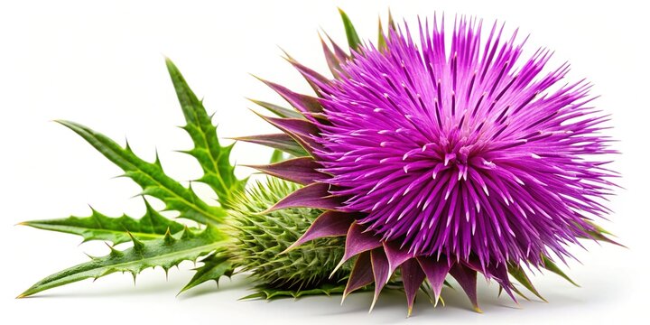Milk Thistle Flower Close-Up, Isolated White Background - Medicinal Herb Bloom