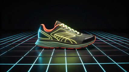 Obraz premium Neon-Outlined Running Shoe on Dark VR Grid
