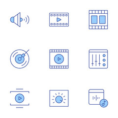 Multimedia icons set. Line Duotone style, editable stroke. dj music, play, frame, control, sound, video player, streaming, mixer