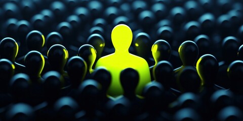 Glowing Yellow Figure Standing Out in a Dark Crowd