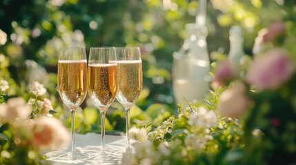 Alcohol consumption at a garden party with sparkling wine and fresh flowers. Featuring elegance and celebration