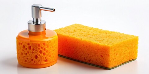 Orange Dish Sponge with Built-in Liquid Dispenser - Cleaning Supplies Stock Photo