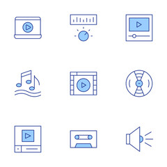 Multimedia icons set. Line Duotone style, editable stroke. melody, volume, cassette, play, video, video player, speaker, vinyl
