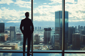Fototapeta premium Businessman looking at the city skyline thinking about the future
