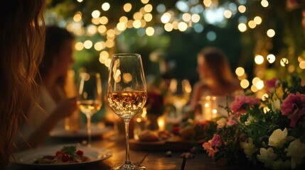 Alcohol consumption at a garden party with wine and appetizers. Featuring nature and celebration