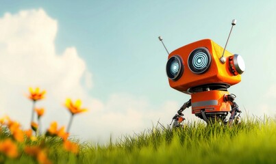 Futuristic Orange Robot Exploring Natural Landscapes