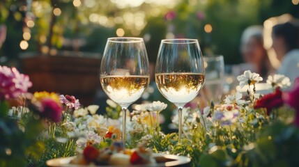 Alcohol consumption at a garden party with wine and appetizers. Featuring nature and celebration