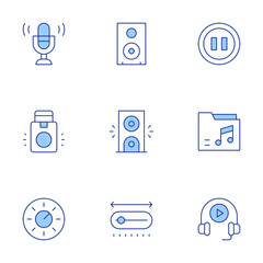 Multimedia icons set. Line Duotone style, editable stroke. speaker, microphone, pause, volume, folder, range, headphone